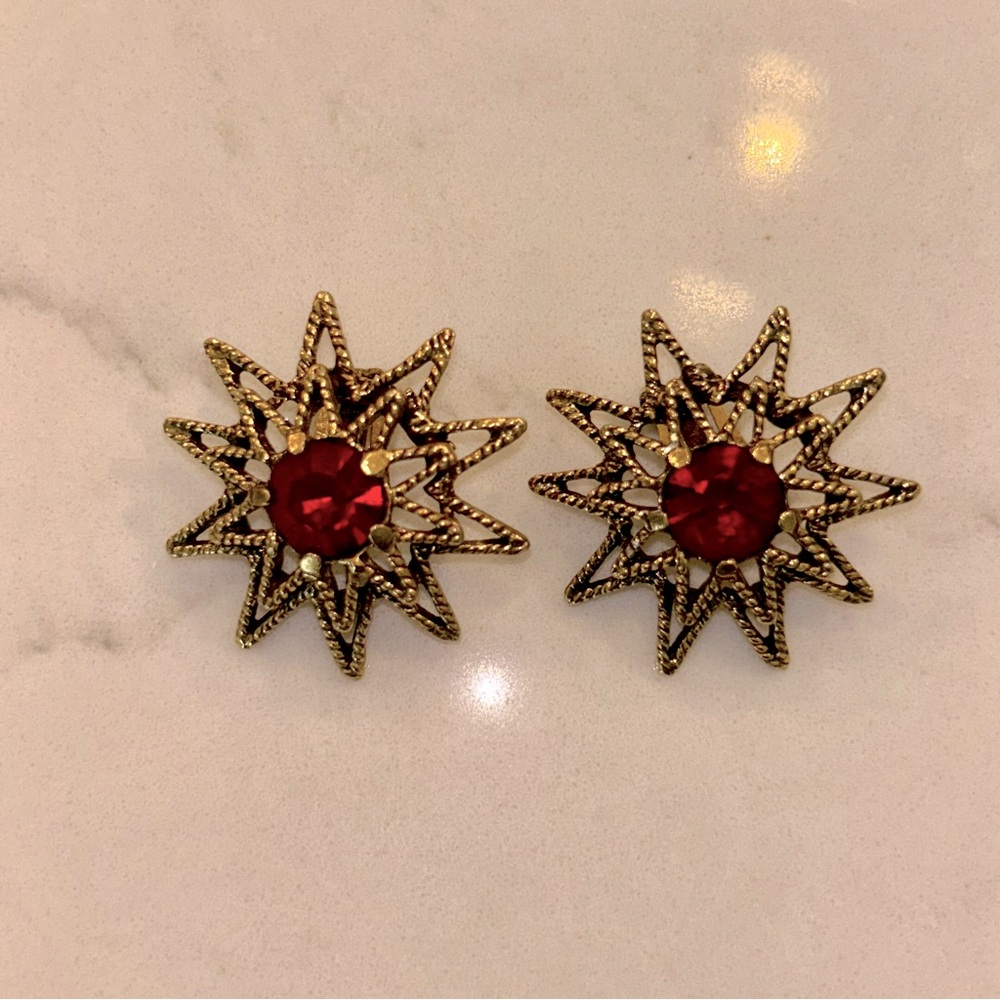 Gold Starburst Earrings with Red Gemstone